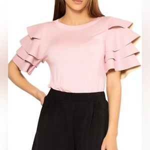 Gracia Short Sleeve Top Faux Leather Sleeves - Med